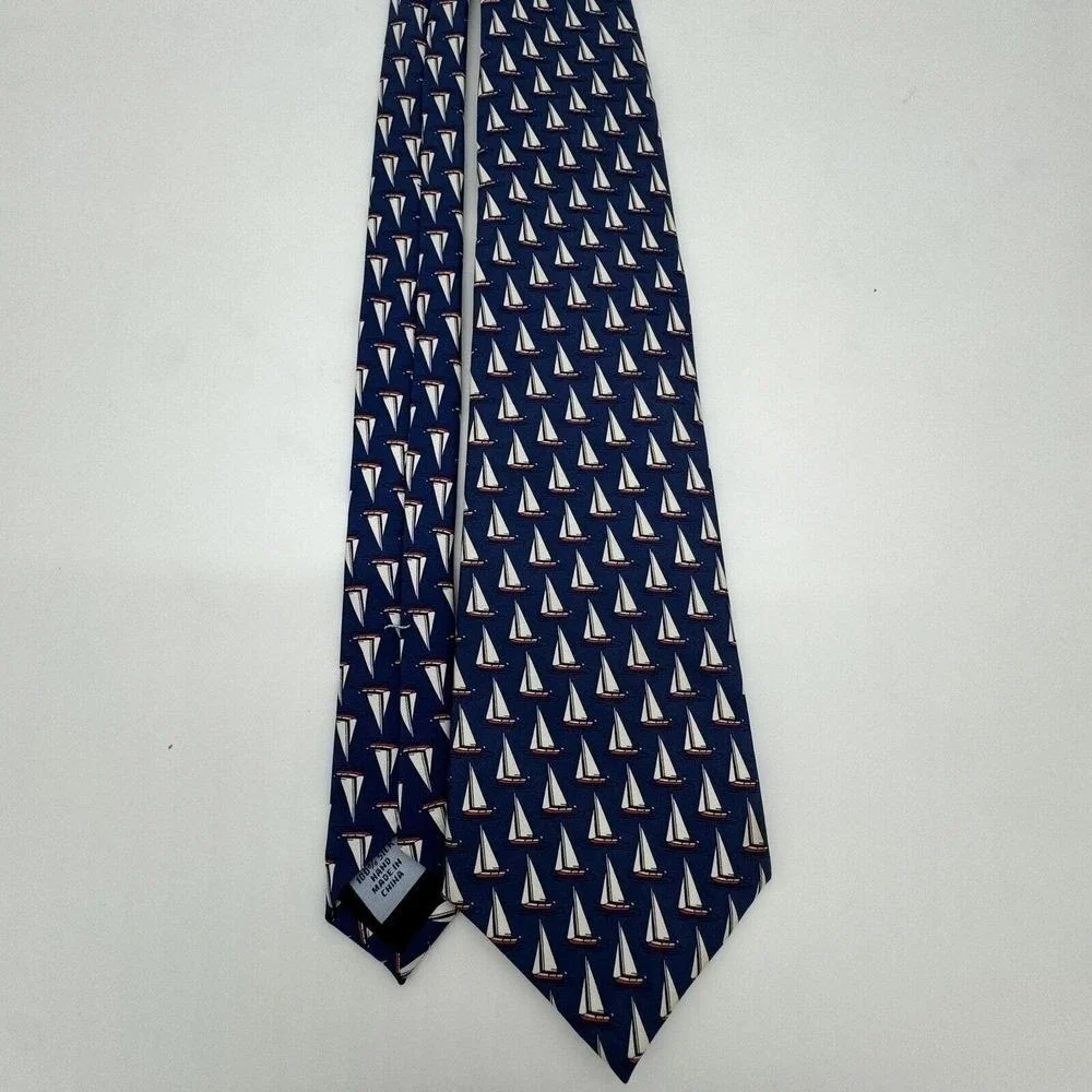 SERO Neck‎ Tie New England Preppy Sail Boat Nautical Handmade Silk Blue